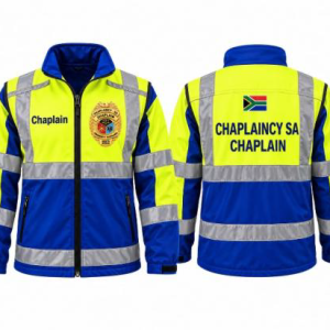 Personalized Reflective Blue and Yellow Safety Jacket with Chaplaincy SA branding on the front and back.
